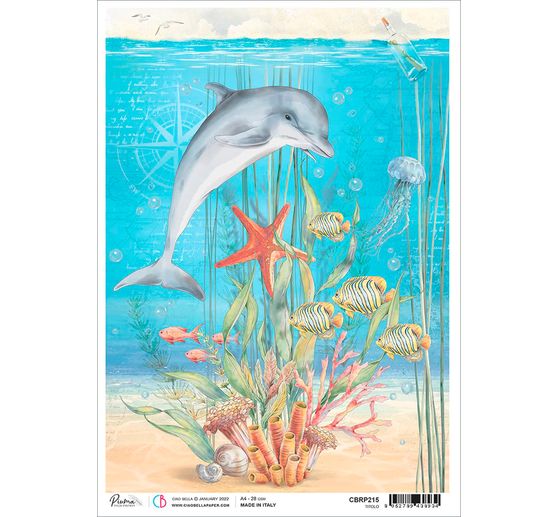 Motif straw silk "Dolphins and message in a bottle"