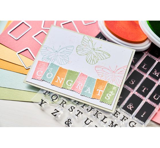 Sizzix Punching template and Clear Stamps "Tab Stamp Alpha by 49 and Market"