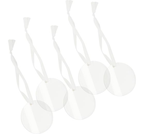 Acrylic Decorationpendant "Round" with ribbon, set of 5