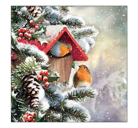 Serviette "Rotkehlchen Winterhaus"
