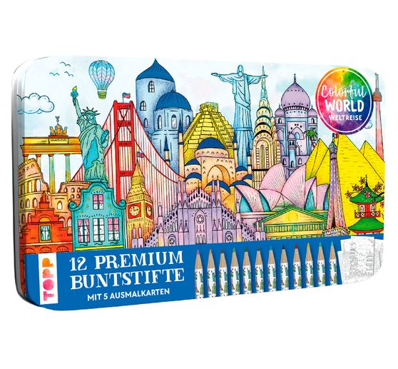 Designdose mit 12 Buntstiften "Colorful World Weltreise"