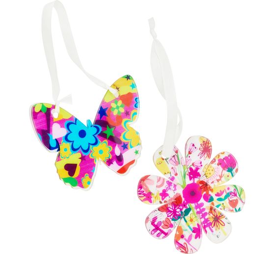 Acryl Anhänger "Schmetterling und Blume" mit Band, 2er-Set