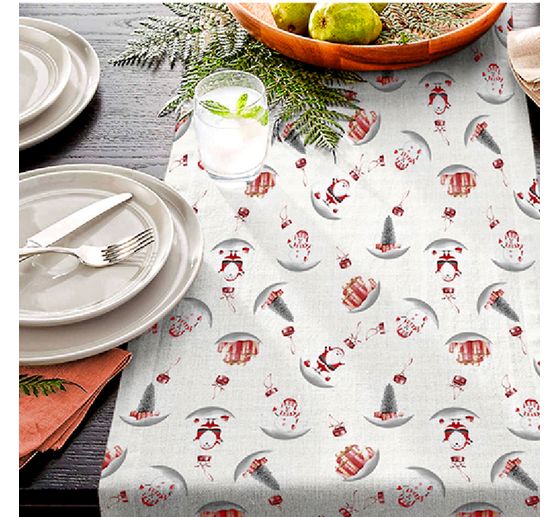 Motiv-Stoff Leinenoptik mit Golddruck "Snowman and Santa"