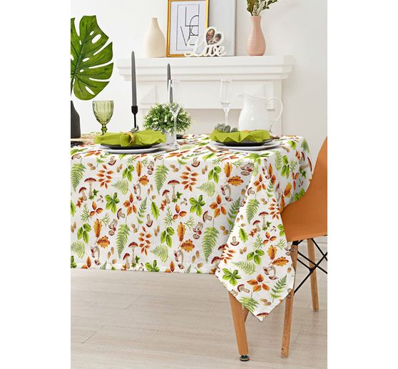 Motiv-Stoff Leinenoptik "Herbstblätter und Pilze"