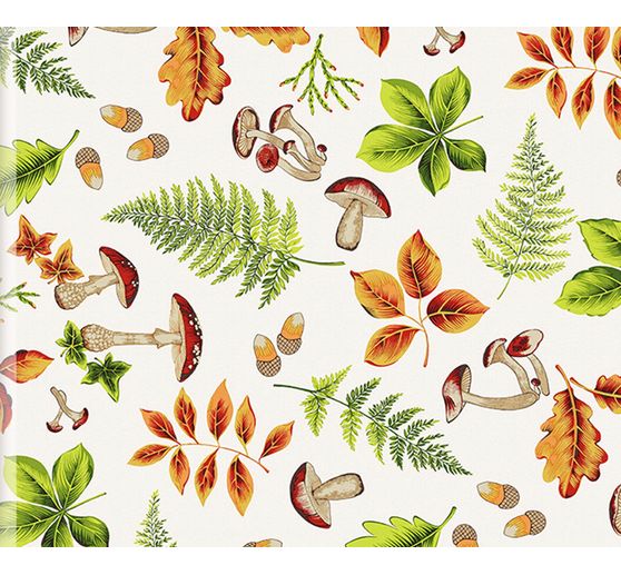 Motiv-Stoff Leinenoptik "Herbstblätter und Pilze"