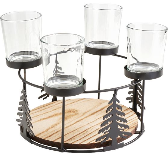 Holz-Metall-Adventskranz mit Baumsilhouette + 4 Gläser für Kerzen