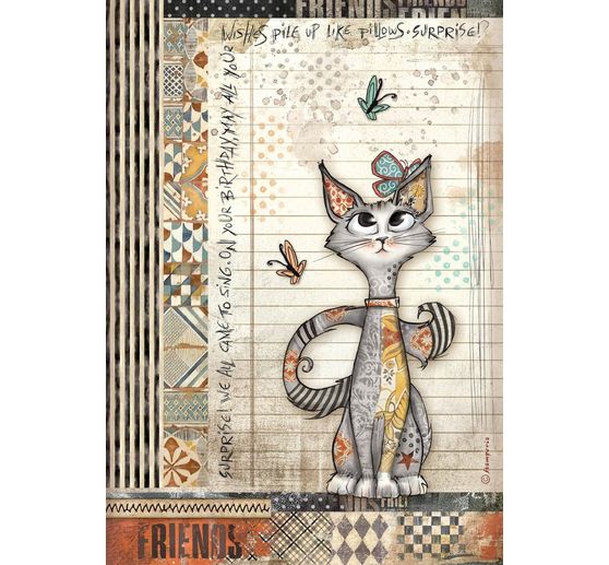 Motif straw silk "Furry Friends - Cats and Butterfly"