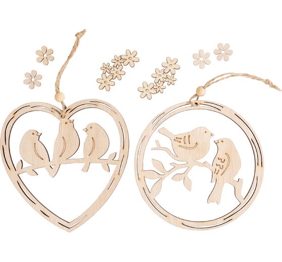 VBS Wooden decoration pendant "Wreath and heart with bird", set of 2