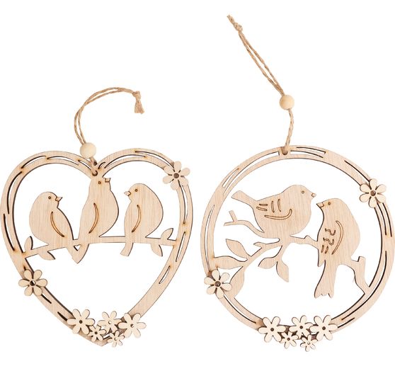 VBS Wooden decoration pendant "Wreath and heart with bird", set of 2