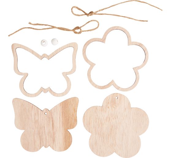 VBS Wooden decoration pendant with frame "Flower and butterfly", set of 2