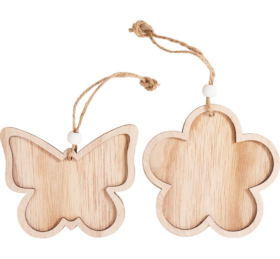 VBS Wooden decoration pendant with frame "Flower and butterfly", set of 2