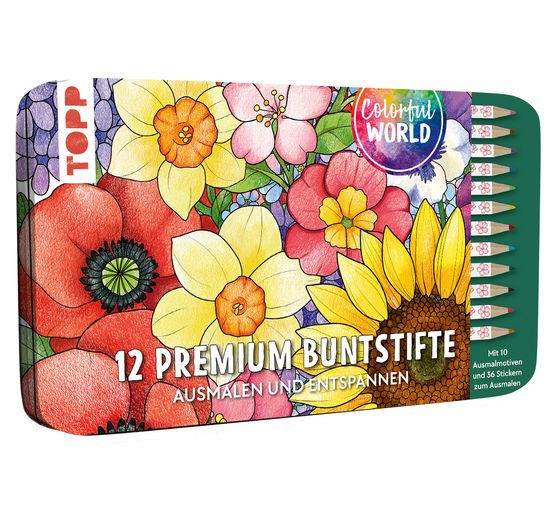 Colorful World Designdose mit 12 Buntstiften