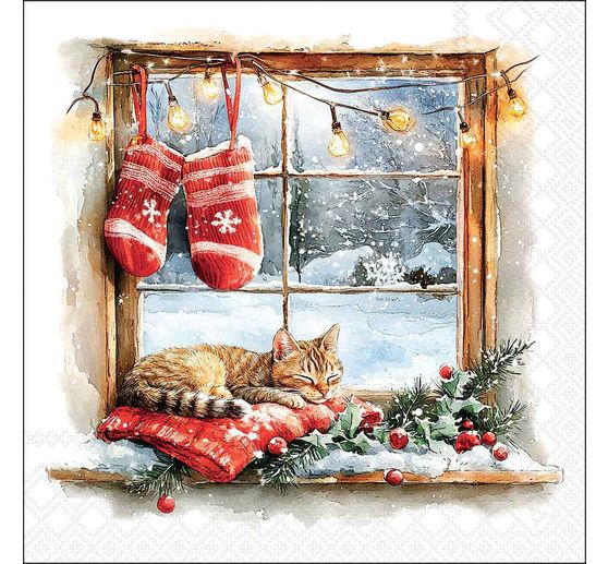 Serviette "Winterfenster mit Katze"
