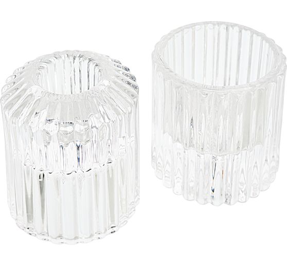 VBS Glass candle & tealight holder, ribbed, reversible, 2 pcs.