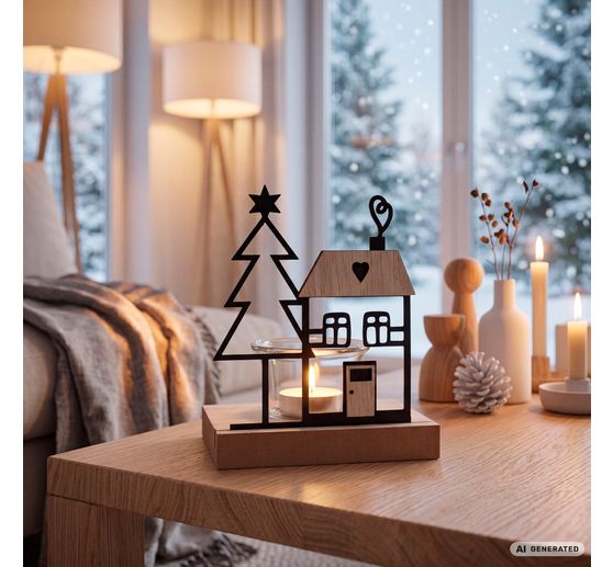 VBS Tealight holder "House & fir tree", incl. glass holder