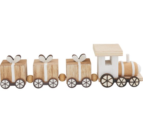 Miniatur Holz-Eisenbahn, mit 3 Geschenke-Waggons