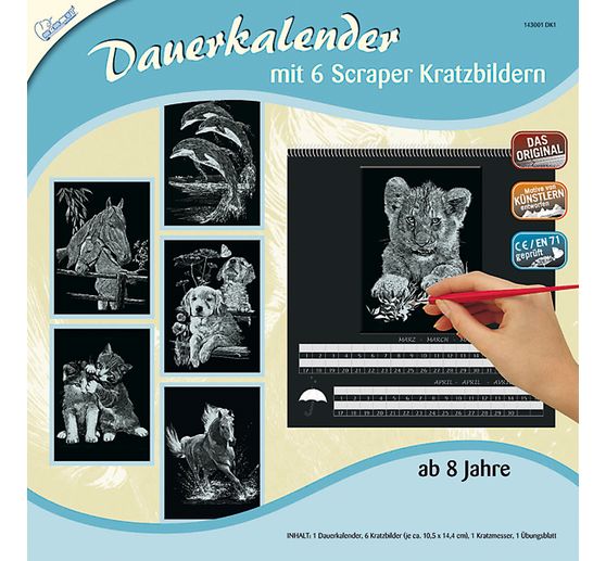 Scratch paintings "Permanent calendar animals", Silver, 6 motifs, 10.5 x 14.5 cm